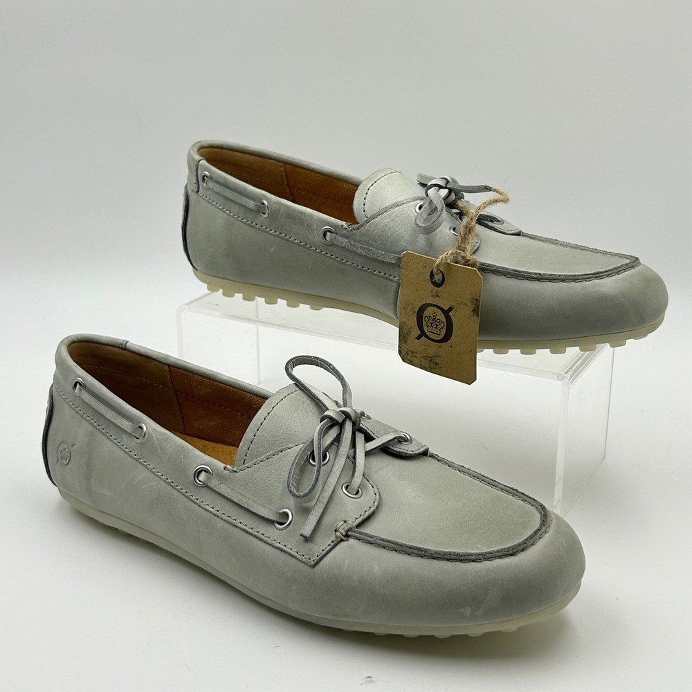 Born Faye Leather Boat Shoe Driving Loafer Womens 8 Grey Moc Toe Coastal Preppy